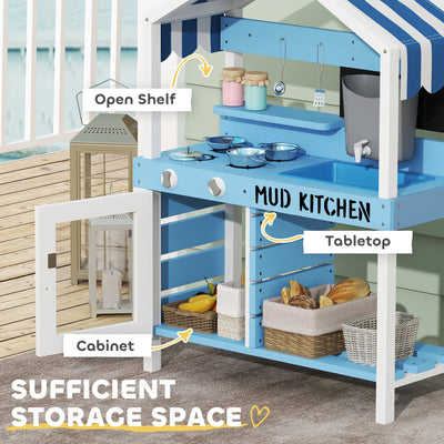AIYAPLAY Kids Mud Kitchen Outdoor with Stoves, Sink, Faucet, Storage Shelves, Cookware Accessories for Boys Girls, Blue 