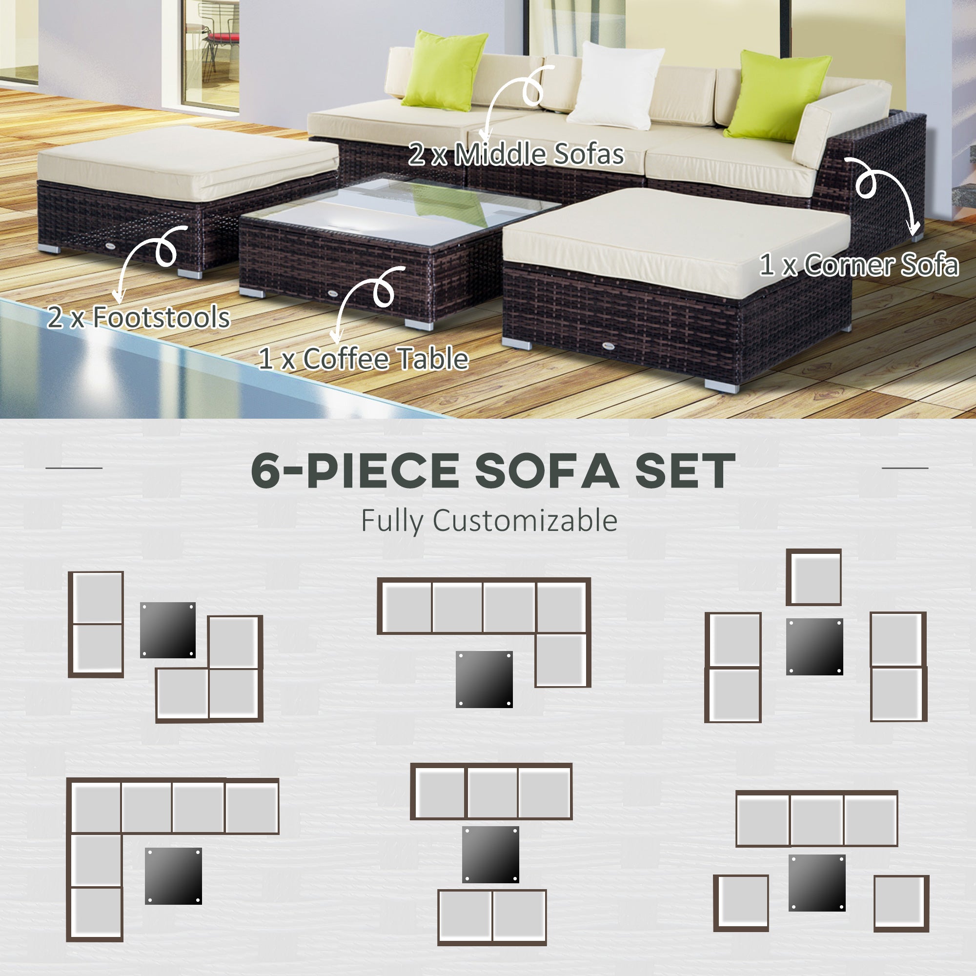 Outsunny 6 PC Rattan Sofa Coffee Table Set Sectional Wicker Weave Furniture for Garden Outdoor Conservatory w/ Pillow Cushion Brown 