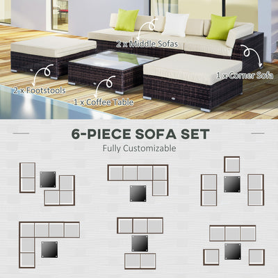 Outsunny 6 PC Rattan Sofa Coffee Table Set Sectional Wicker Weave Furniture for Garden Outdoor Conservatory w/ Pillow Cushion Brown 
