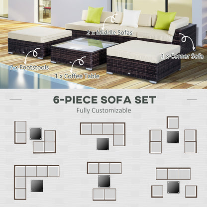 Outsunny 6 PC Rattan Sofa Coffee Table Set Sectional Wicker Weave Furniture for Garden Outdoor Conservatory w/ Pillow Cushion Brown 