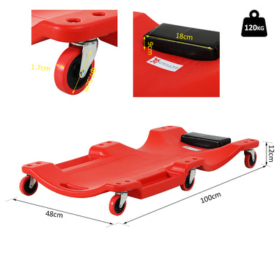 DURHAND Mechanic Vehicle Creeper Under Car Repair Padded Headrest Rolling Moulded Workshop Garage Assistance with Tool Tray, Red 