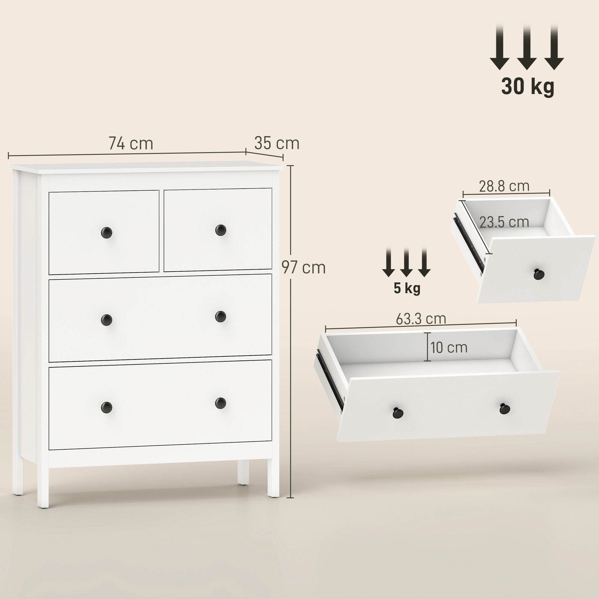 HOMCOM Modern Chest of Drawers, 4 Drawer Dresser Clothes Storage Organiser for Living Room, Hallway, Entryway, White 