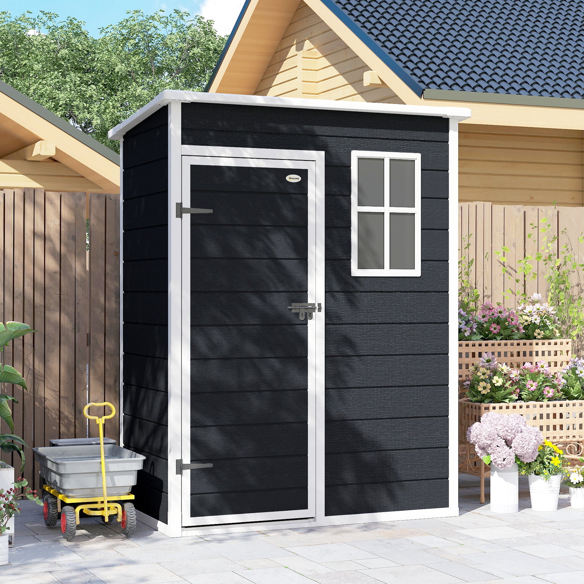 Outsunny 5' x 3' Garden Shed with Floor, Outdoor Storage Shed with Lockable Door, Window and Vent, Black 