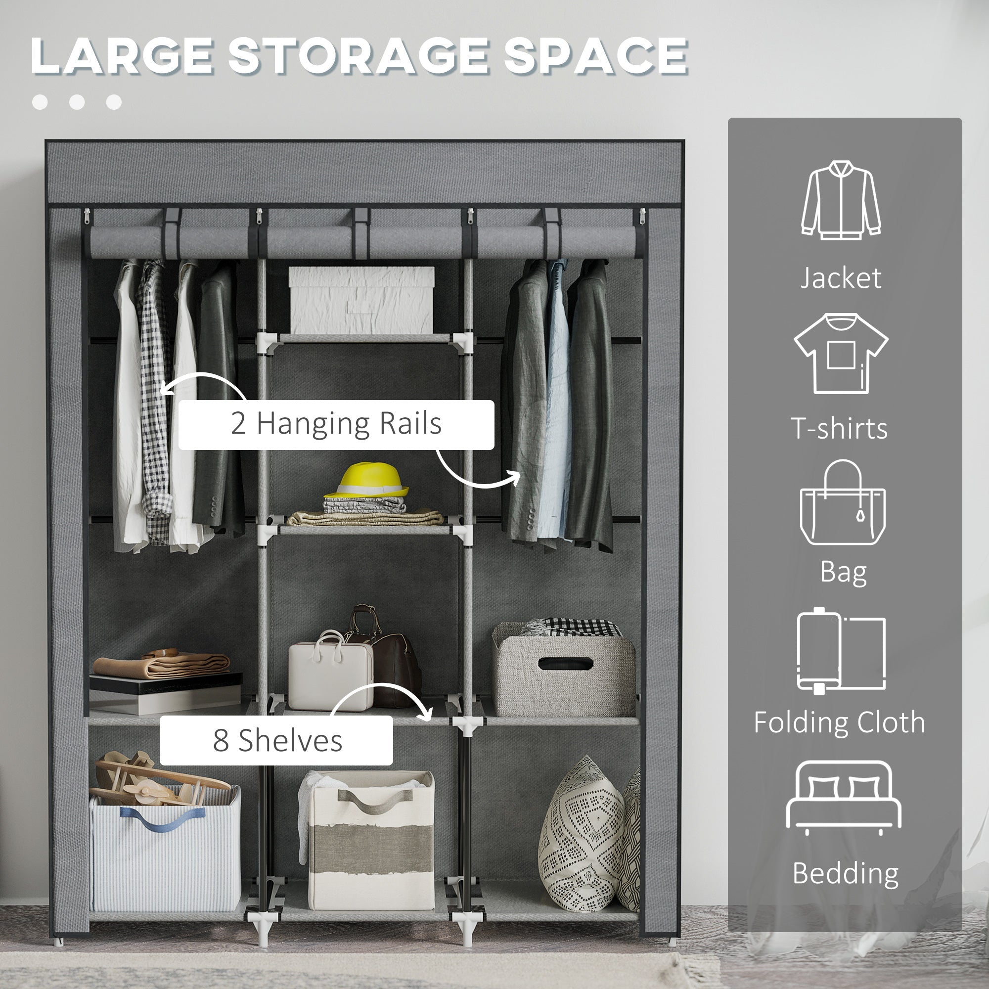 HOMCOM Fabric Wardrobe, Portable Wardrobe, Clothes Storage Unit with 8 Shelves, 2 Hanging Rods, 125 x 43 x 162.5 cm, Dark Grey 