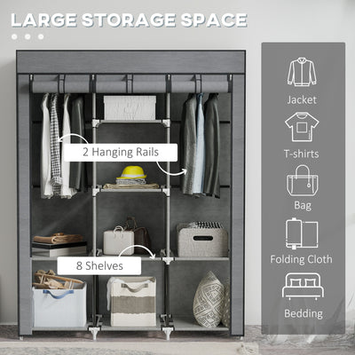 HOMCOM Fabric Wardrobe, Portable Wardrobe, Clothes Storage Unit with 8 Shelves, 2 Hanging Rods, 125 x 43 x 162.5 cm, Dark Grey 