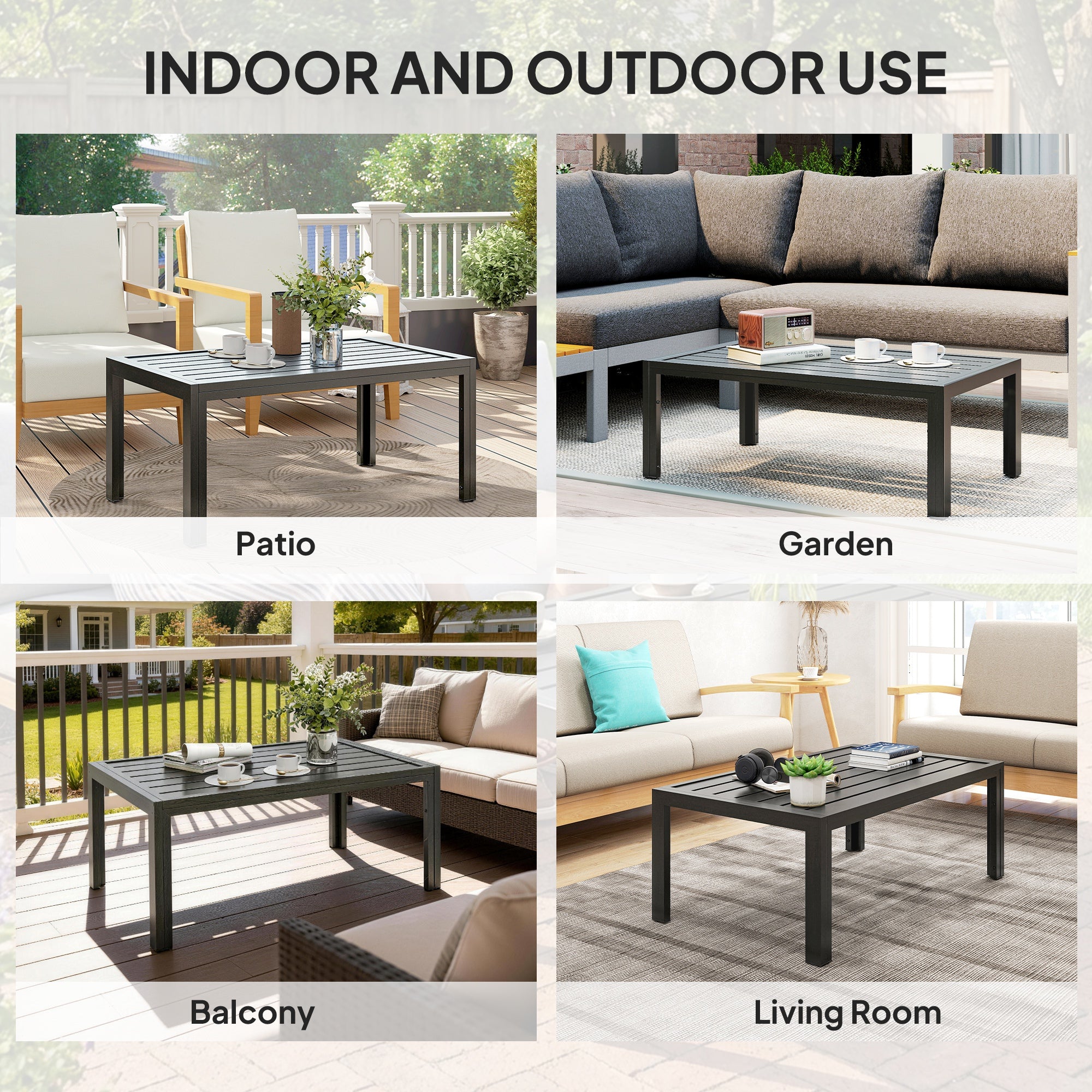 Outsunny Outdoor Side Table, Rectangular Patio Coffee Side Table with Steel Frame and Slat Tabletop for Garden, Balcony, Grey 