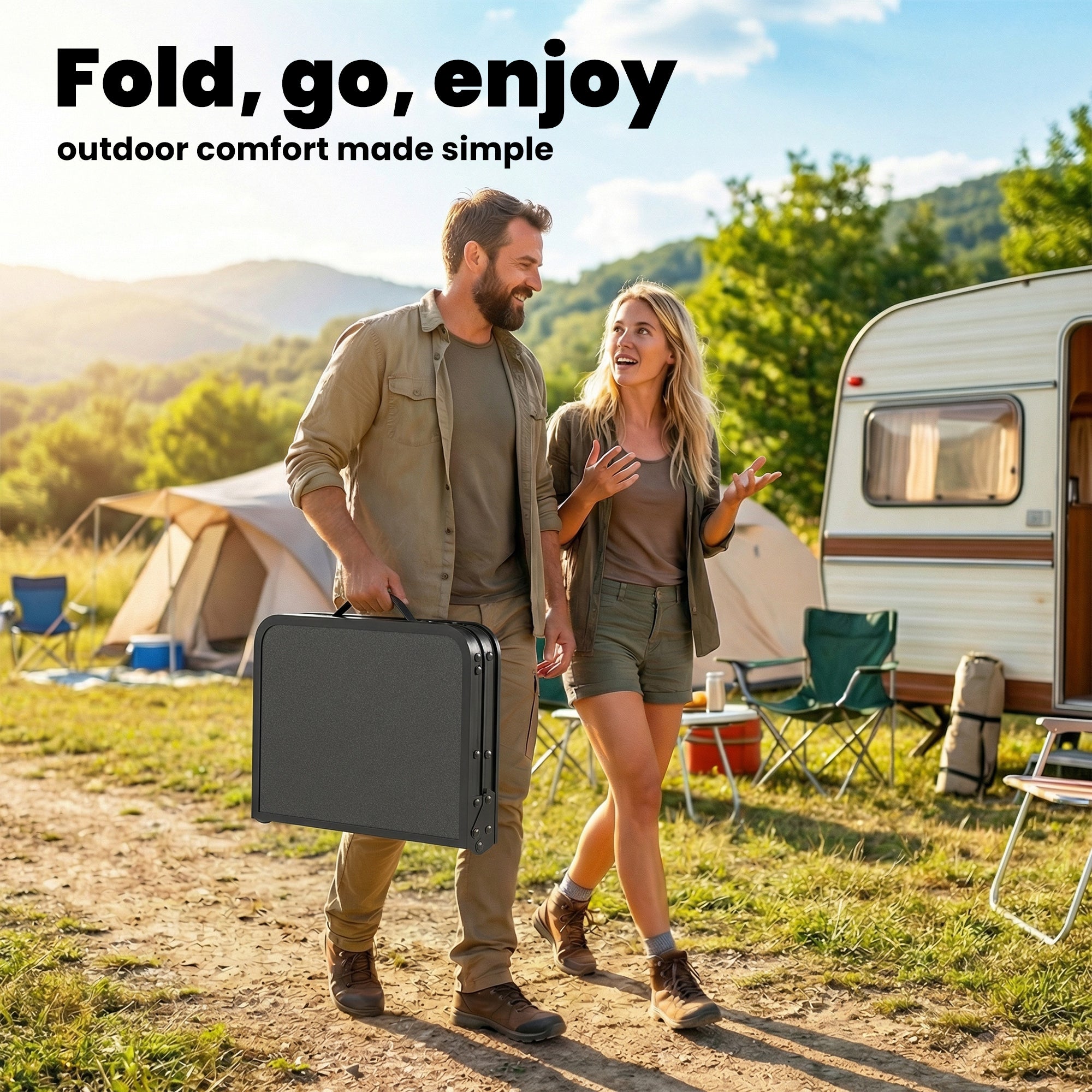 Outsunny 2ft Folding Camping Table, Picnic Table with Mesh Storage Layer, 4 Adjustable Heights and Carrying Handle, Black 