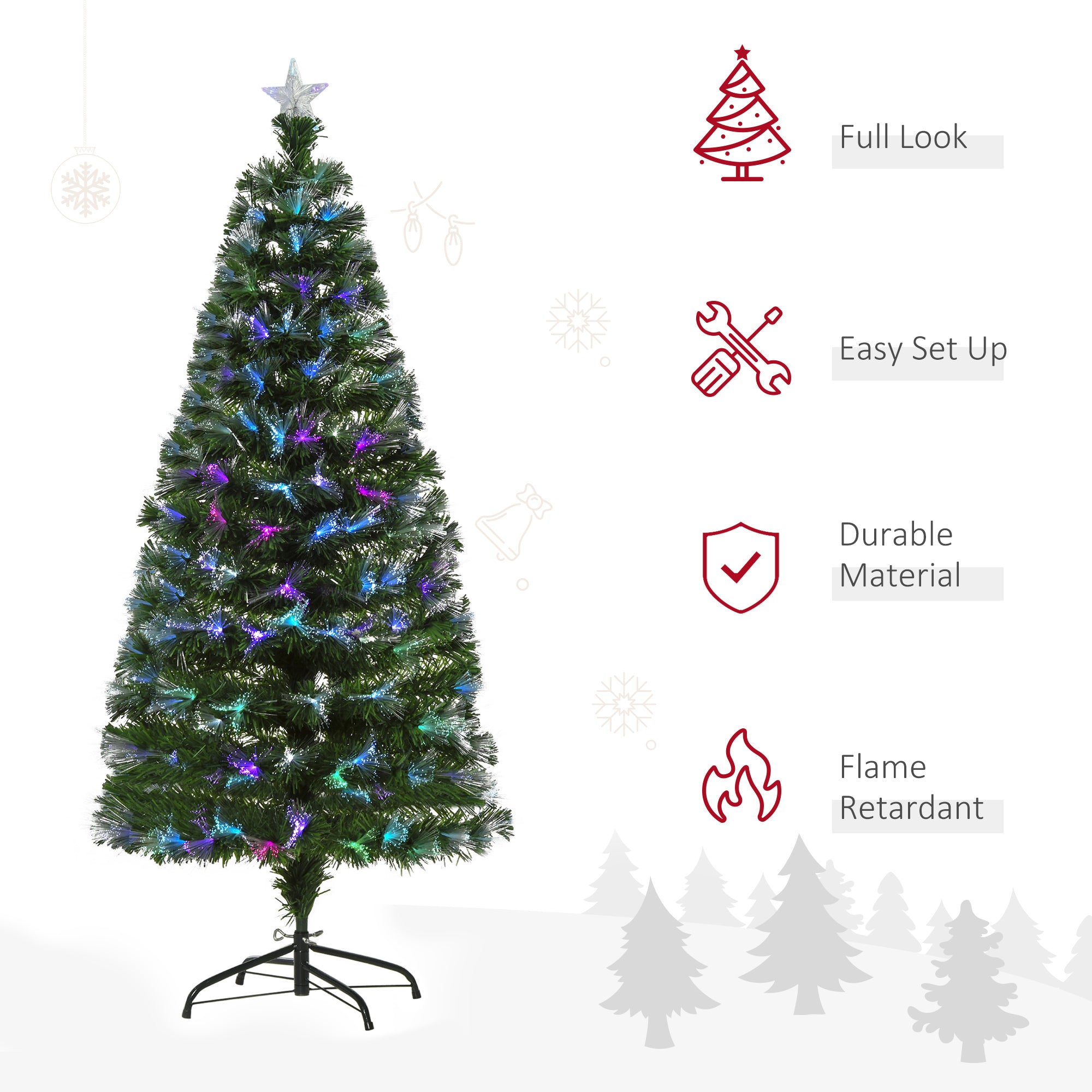HOMCOM 5FT Multicoloured Artificial Christmas Tree w/ Fibre Optic Lights Pre-Lit Modes Metal Stand Star Holder Home Seasonal Decoration 