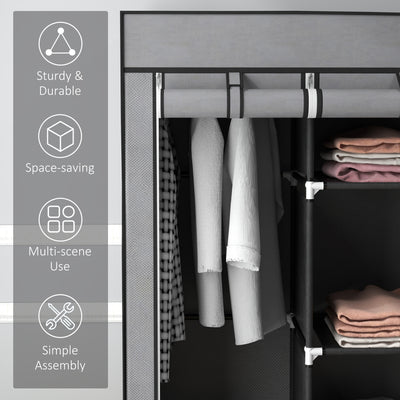 HOMCOM Fabric Wardrobe for Bedroom, Portable Wardrobe with 5 Shelves, 2 Hanging Rails and 3 Fabric Drawers, Foldable Closet, 125 x 43 x 162.5cm, Dark Grey 