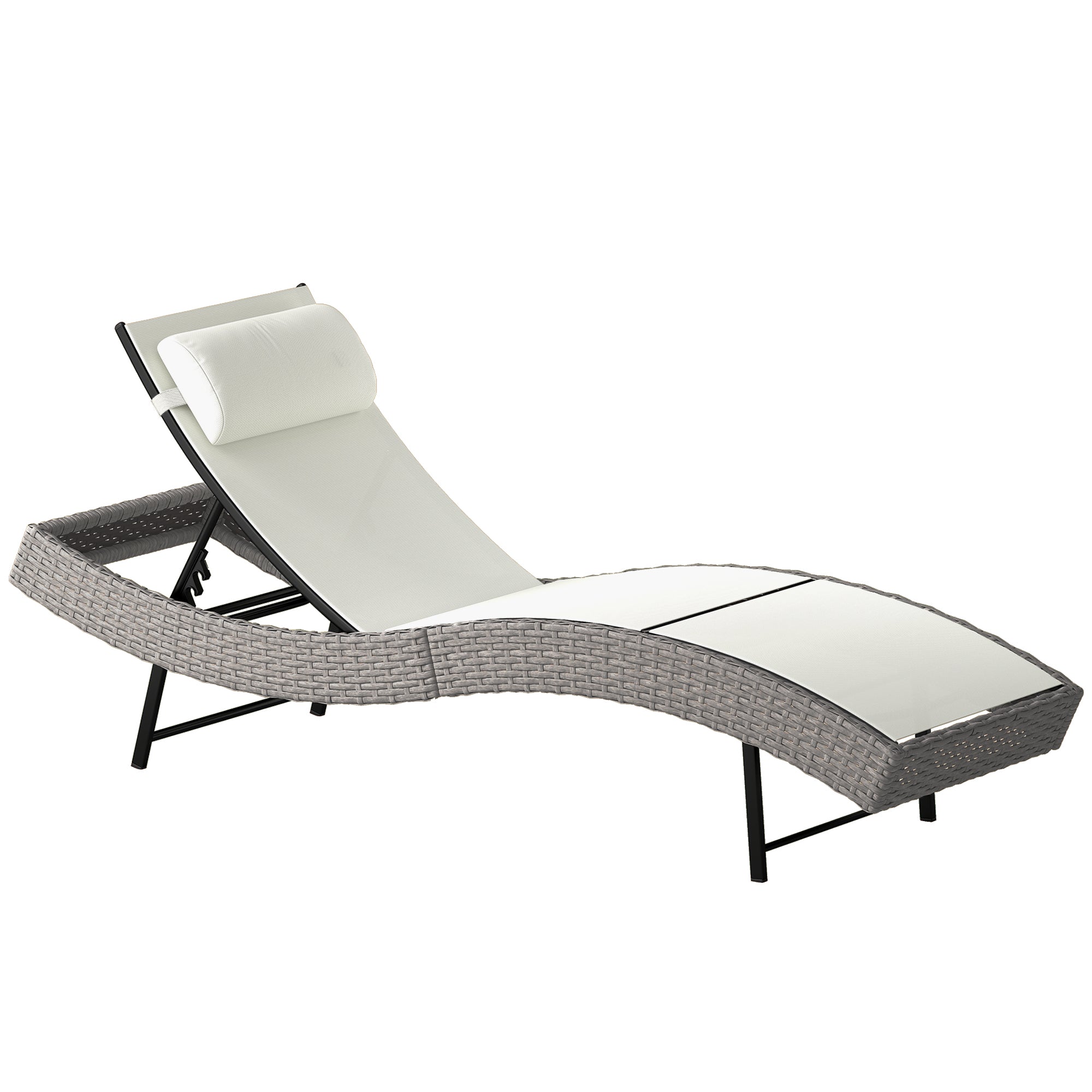 Outsunny Rattan Sun Lounger, Garden Recliner with 5 Position Adjustable Back, S Shaped Texteline Seat, Headrest, Cream White 