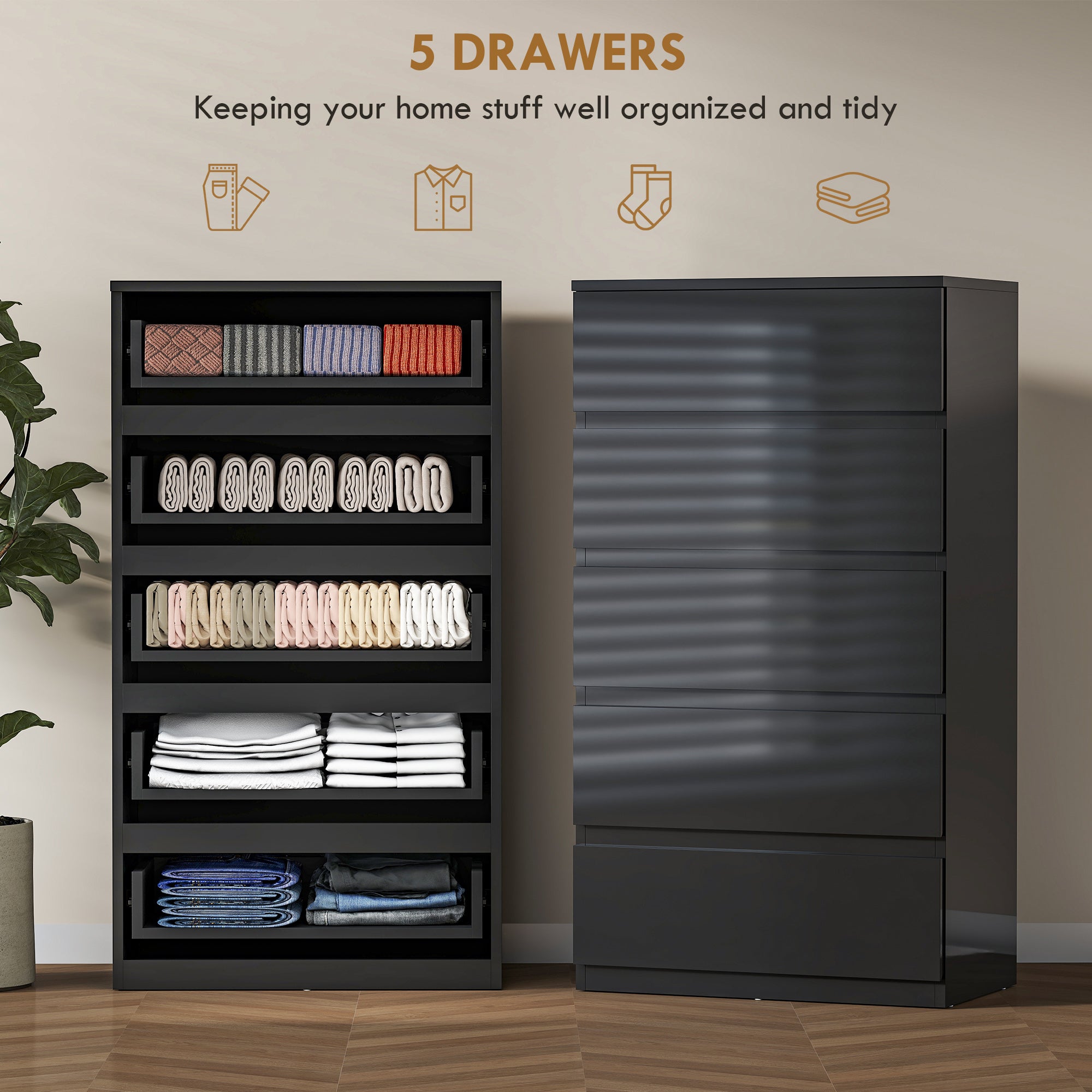 HOMCOM Chest of Drawers, 5-Drawer Storage Cabinets, Modern Dresser, Storage Drawer Unit for Bedroom 
