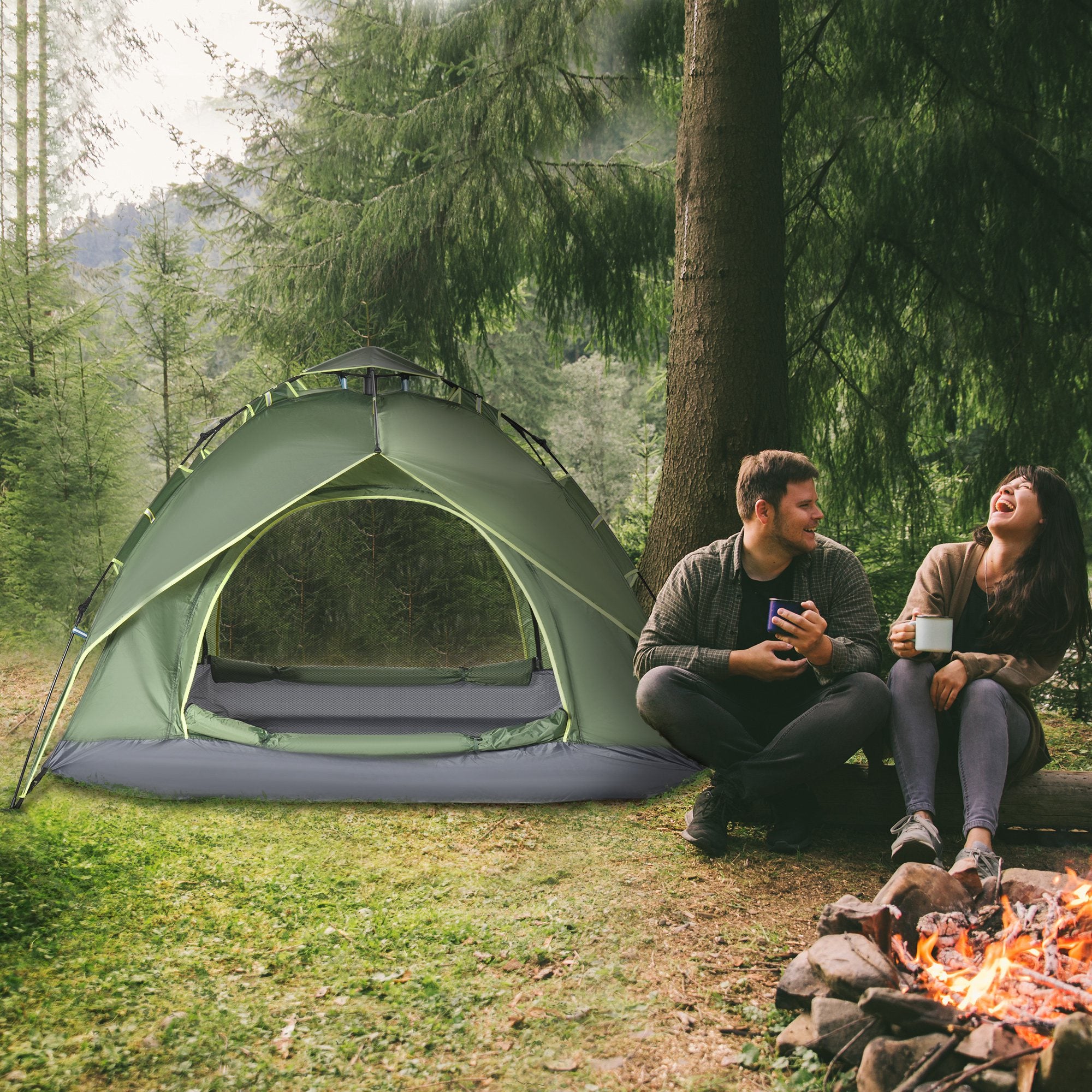 Outsunny 3 Man Camping Tent Automatic Pop Up Tent Portable Double Layer for Festival Hiking Family Travel Shelter 