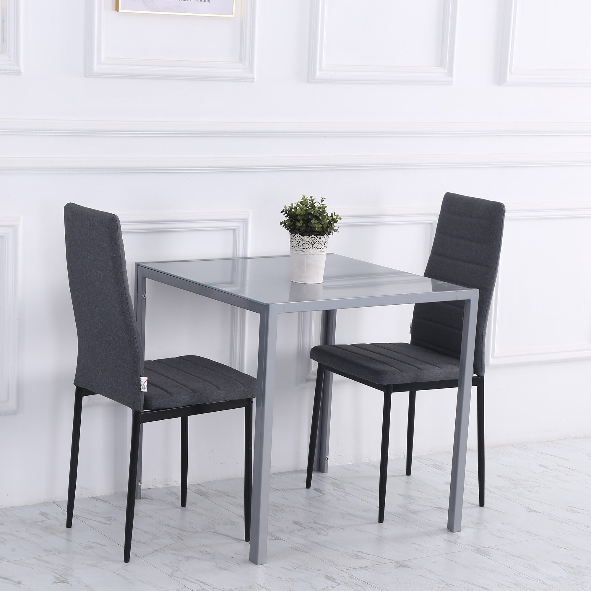 HOMCOM Modern Square Dining Table for 2-4 People, with Glass Top & Metal Legs for Dining Room, Living Room, Grey 