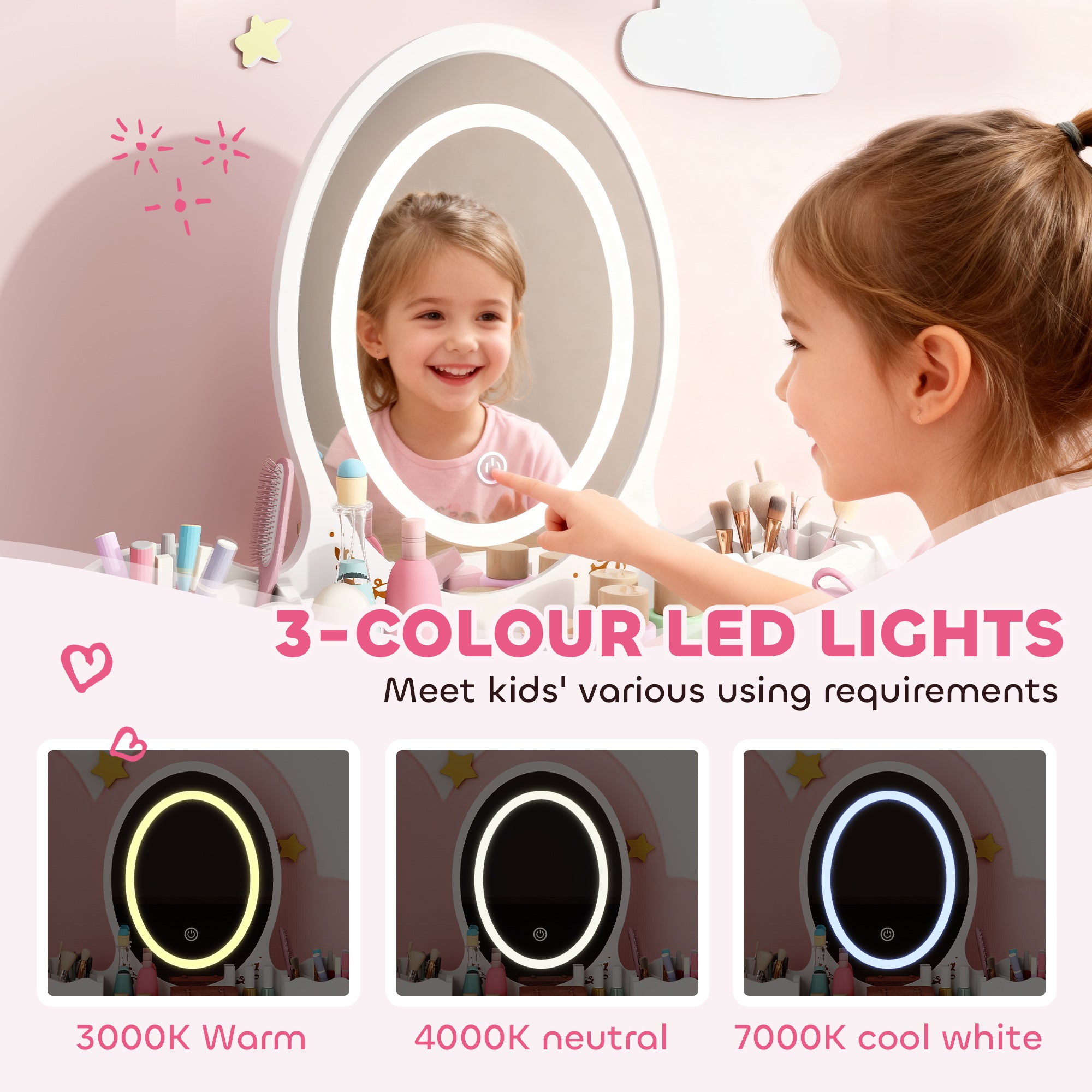 AIYAPLAY Kids Vanity Table and Chair Set with 3-Colour LED Lights Mirror, Drawer, Storage Boxes, for 3+ Years, White 