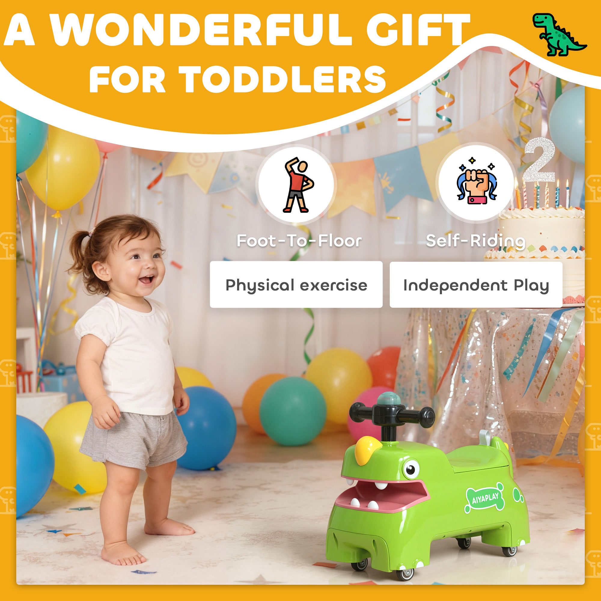 AIYAPLAY Kids Ride On Car, Dinosaur Foot to Floor Slider with Storage, Toddler Walker with Light, Sounds, Green 