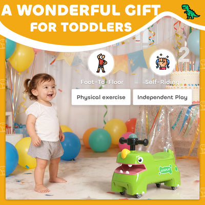 AIYAPLAY Kids Ride On Car, Dinosaur Foot to Floor Slider with Storage, Toddler Walker with Light, Sounds, Green 