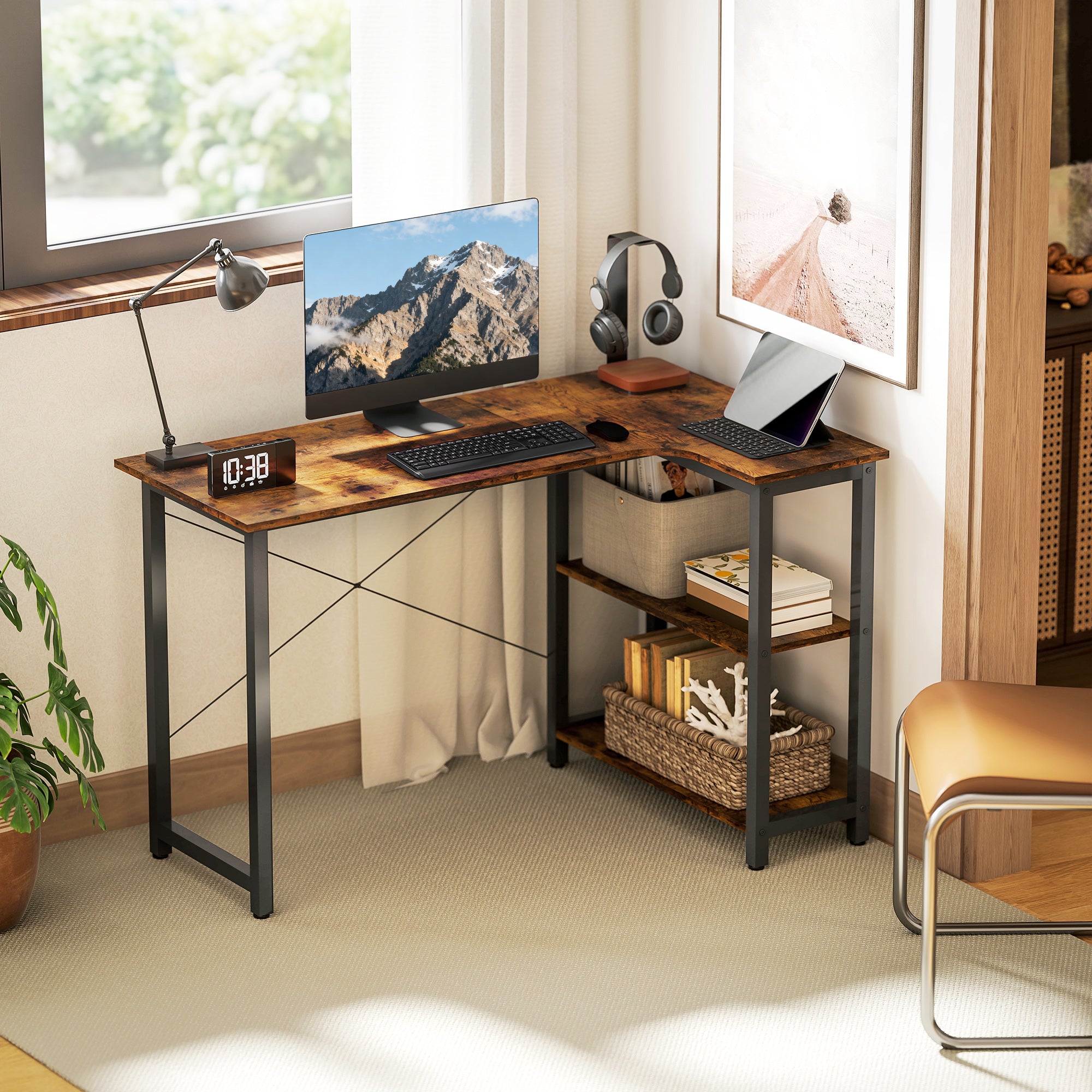 HOMCOM L Shaped Desk, Corner Computer Desk with Bookshelf for Home Office, Study Room, Workstation, 120 x 73.2 x 75cm, Rustic Brown 