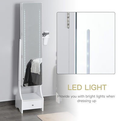 HOMCOM Jewellery Cabinet, Full Length Mirror with Storage, Free Standing Mirror with LED Lights, Hooks, Drawer and Hairdryer Holder for Bedroom, White 