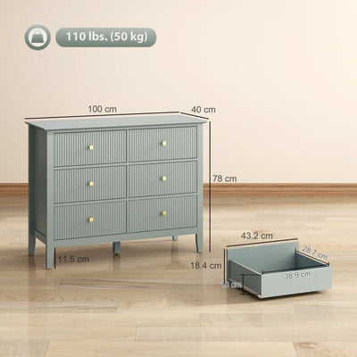 HOMCOM Fluted Dresser, 6 Drawer Chest of Drawers for Bedroom, Living Room, Hallway, Closet, Green 