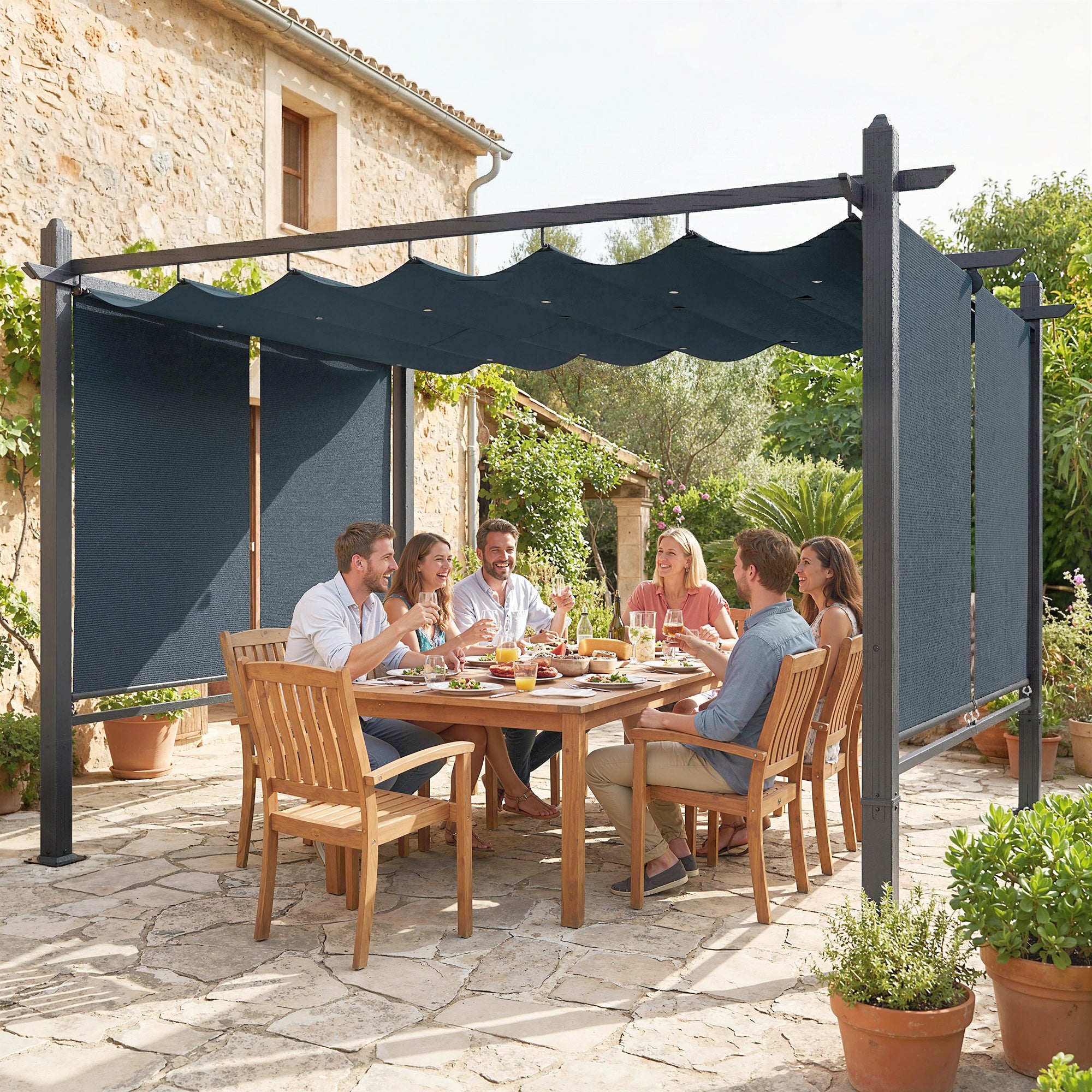 Outsunny 4 x 3 m Garden Pergola with Retractable Roof Canopy and Roll-Up Sides, Outdoor Gazebo Pergola Kit, Dark Grey 