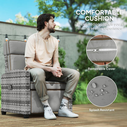Outsunny Rattan Garden Recliner Chair, Adjustable Backrest Reclining Rattan Chair with Flip Table, Cushion and Footrest, Indoor Outdoor Lounge Reclining Sun Lounger for Patio, Mixed Grey/Grey 