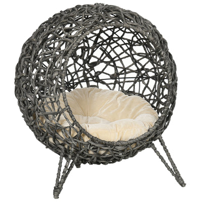 PawHut Rattan Elevated Cat Bed House Kitten Basket Ball Shaped Pet Furniture w/ Removable Cushion - Silver-Tone and Grey 