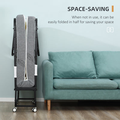 HOMCOM Folding Bed with 10cm Mattress, Portable Foldable Guest Bed with Sturdy Metal Frame on Wheels 