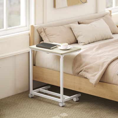 HOMCOM C-Shaped Sofa Side Table, Height Adjustable Overbed Table with Tilting Desktop, Mobile Laptop Desk for Living Room Bedroom, Oak and White 