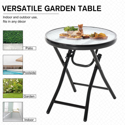 Outsunny Foldable Garden Table, Round Folding Table with Glass Tabletop and Safety Buckle for Patio, Garden, Outdoor, Indoor, Black 