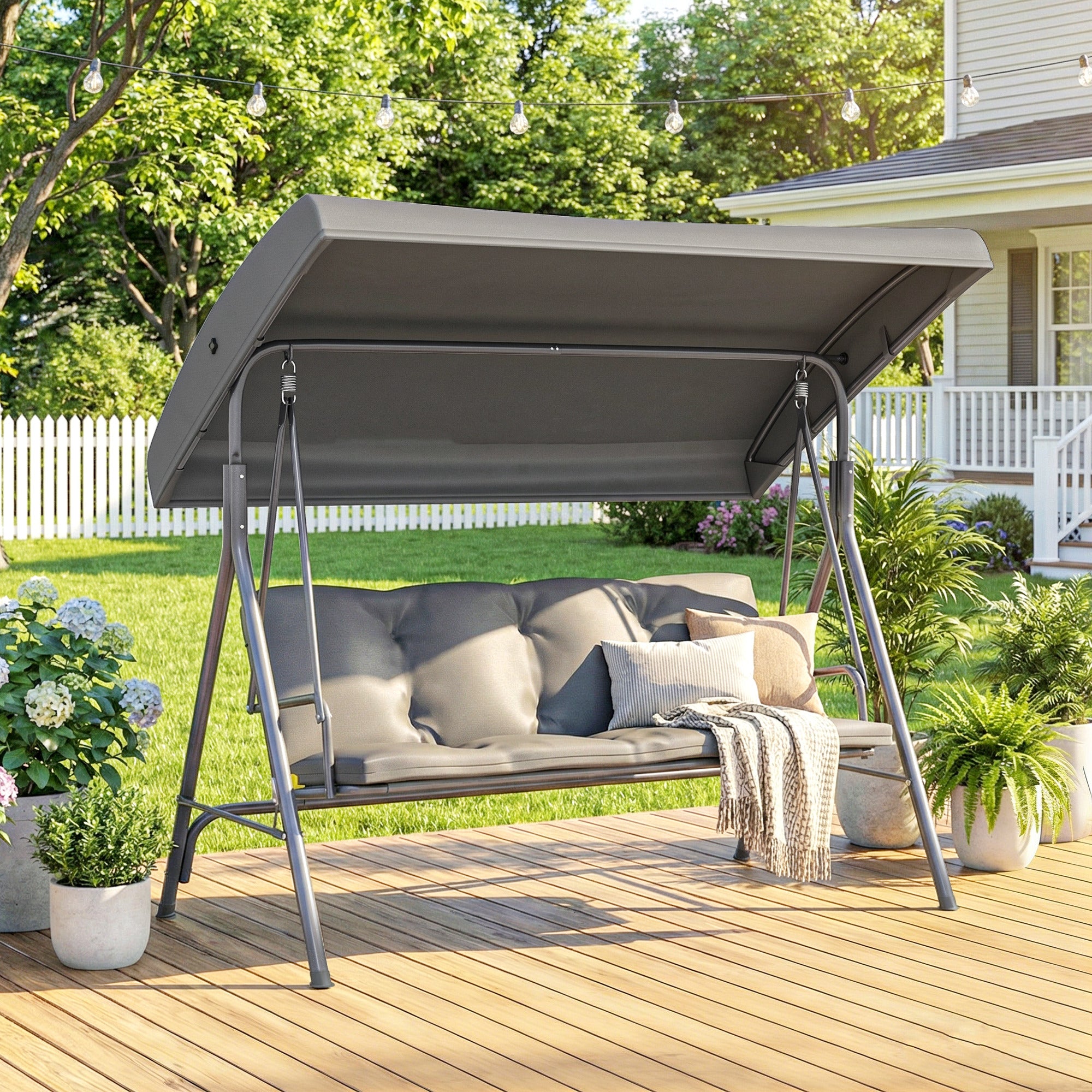 Outsunny 3 Seater Garden Swing Chair, Patio Rocking Bench with Tilting Canopy, Removable Cushion and Steel Frame, Dark Grey 