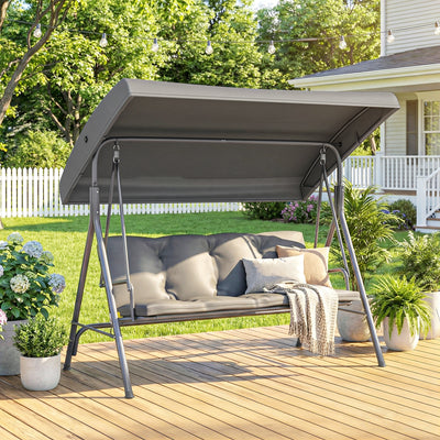 Outsunny 3 Seater Garden Swing Chair, Patio Rocking Bench with Tilting Canopy, Removable Cushion and Steel Frame, Dark Grey 