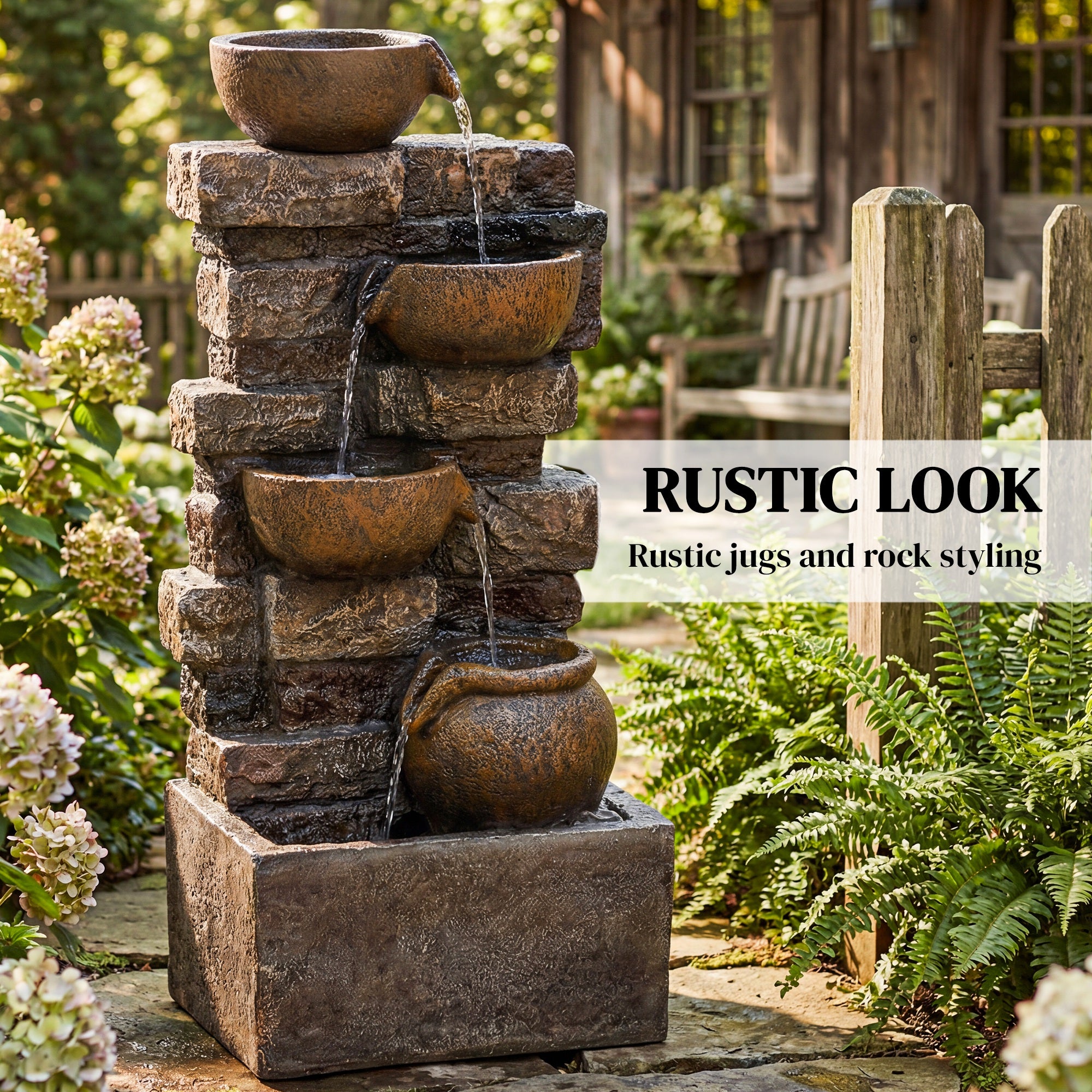 Outsunny 28" 5-Tier Outdoor Fountain, Cascading Waterfall Feature with LED Lights, Adjustable Flow, Rustic Brown 