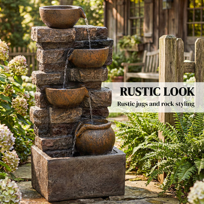 Outsunny 28" 5-Tier Outdoor Fountain, Cascading Waterfall Feature with LED Lights, Adjustable Flow, Rustic Brown 