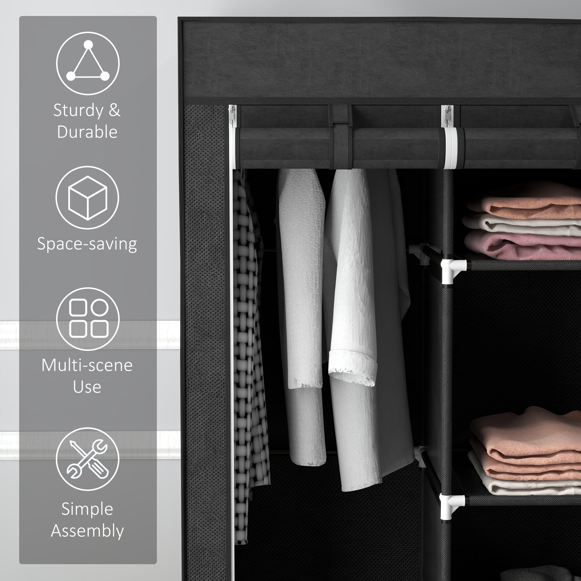 HOMCOM Foldable Fabric Wardrobe for Bedroom, Portable Wardrobe with 5 Shelves, 2 Hanging Rails and 3 Fabric Drawers, Black 