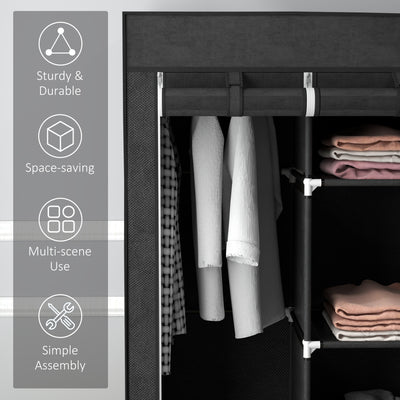 HOMCOM Foldable Fabric Wardrobe for Bedroom, Portable Wardrobe with 5 Shelves, 2 Hanging Rails and 3 Fabric Drawers, Black 