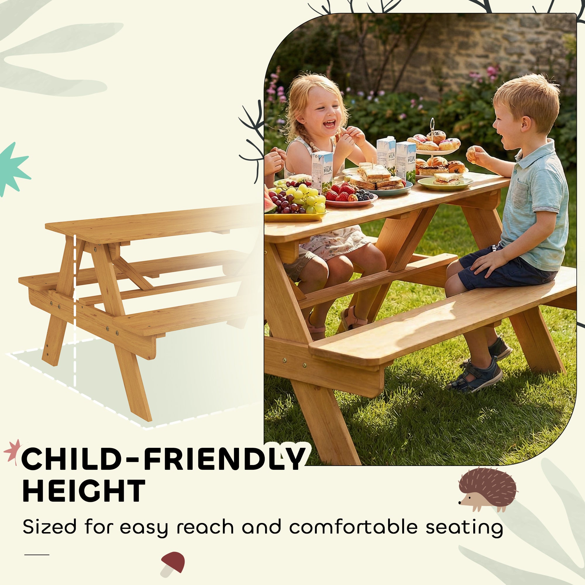 AIYAPLAY Kids Picnic Table for Outdoor Wooden Table & Bench Set with Integrated Benches Natural Wood 