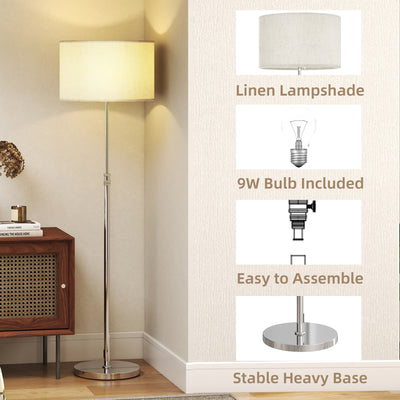 HOMCOM Floor Lamp with Remote, Height Adjustable Standing Lamp with Linen Shade, Dimmable with 3000K-6000K Adjustable Colour Temperatures, Foot Switch for Living Room Bedroom Office, Silver Tone