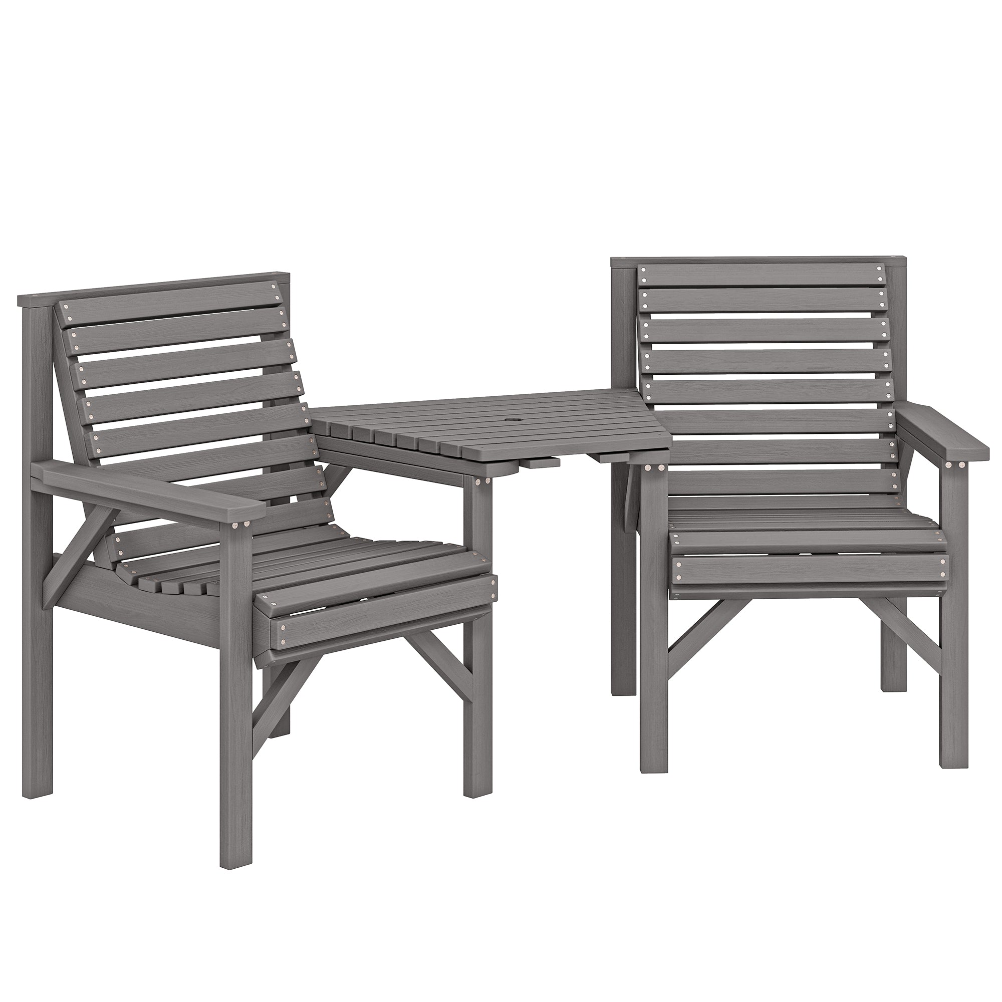 Outsunny Wooden Garden Bistro Set, 2 Seater Wooden Outdoor Table and Chairs with Parasol Hole for Patio, Light Grey 