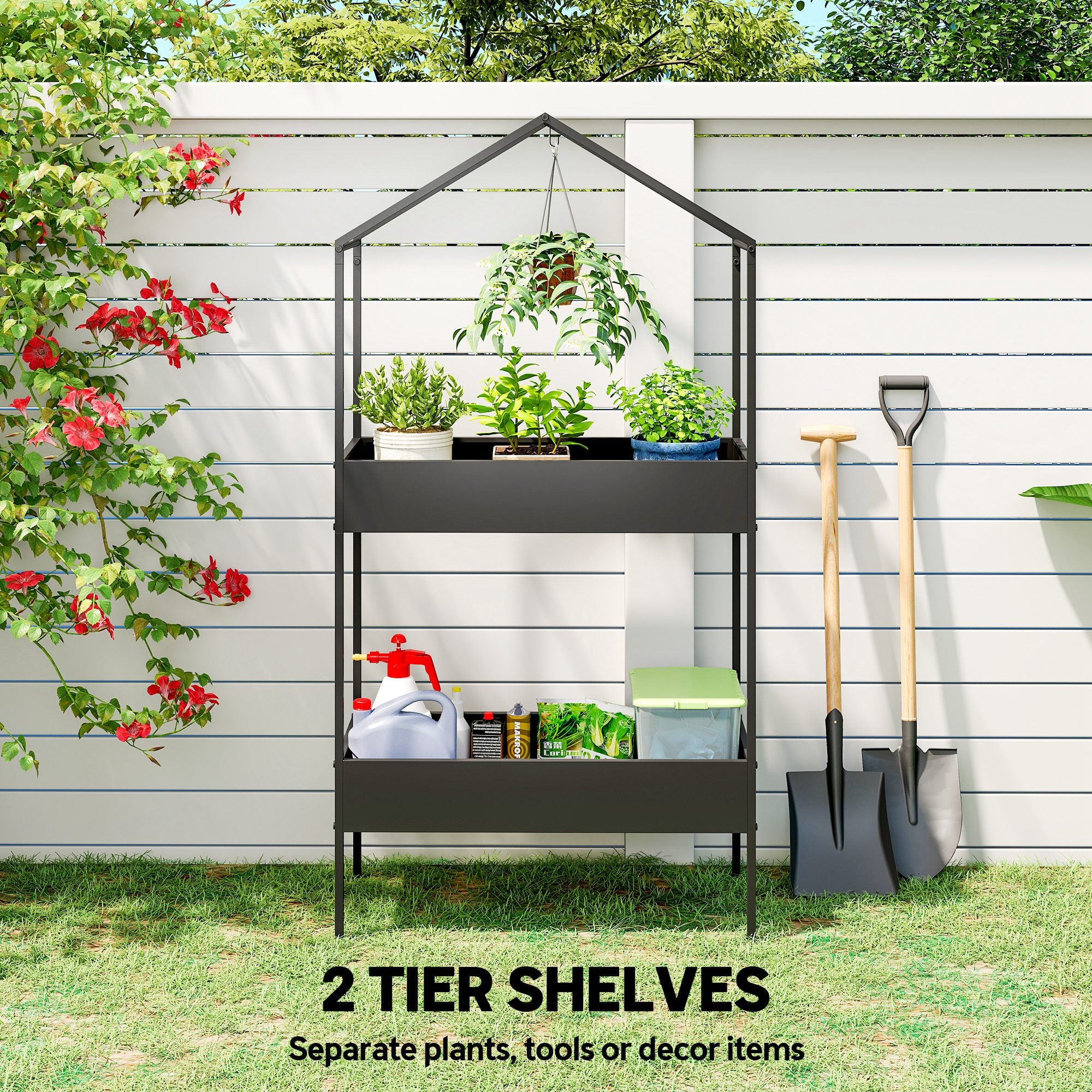 Outsunny 2 Tier Plant Stand, Outdoor Indoor Metal Plant Stand with Hook, House-Shaped Pots Holder Display Rack, Black 