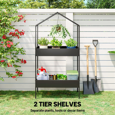 Outsunny 2 Tier Plant Stand, Outdoor Indoor Metal Plant Stand with Hook, House-Shaped Pots Holder Display Rack, Black 