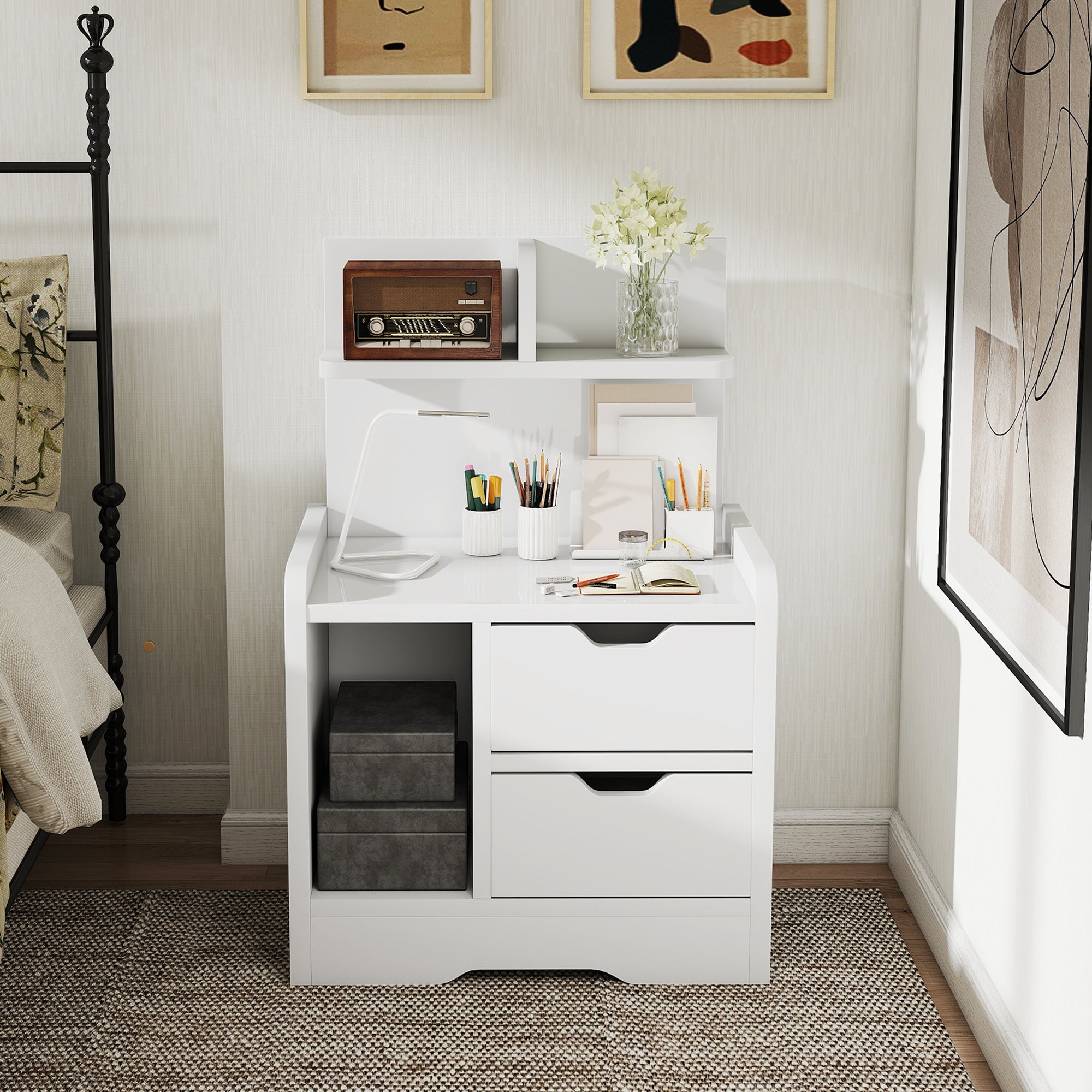 HOMCOM Bedside Table with 2 Drawers and Open Shelves - High Gloss White 