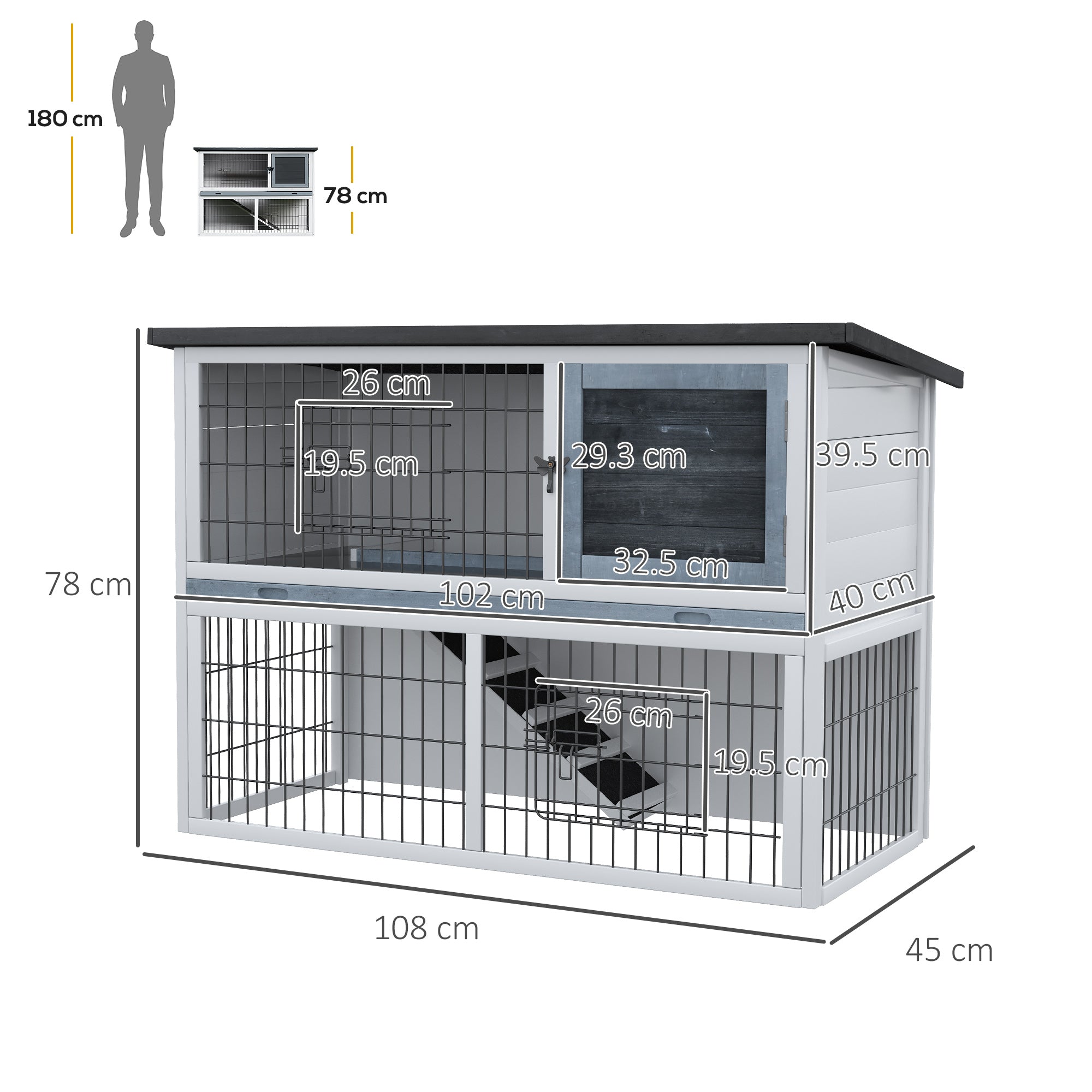 PawHut 2-Tier Wooden Rabbit Hutch Guinea Pig House Bunny Cage Backyard w/ Openable Roof Small Animal House for Outdoor Grey, 108 x 45 x 78 cm 