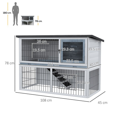 PawHut 2-Tier Wooden Rabbit Hutch Guinea Pig House Bunny Cage Backyard w/ Openable Roof Small Animal House for Outdoor Grey, 108 x 45 x 78 cm 
