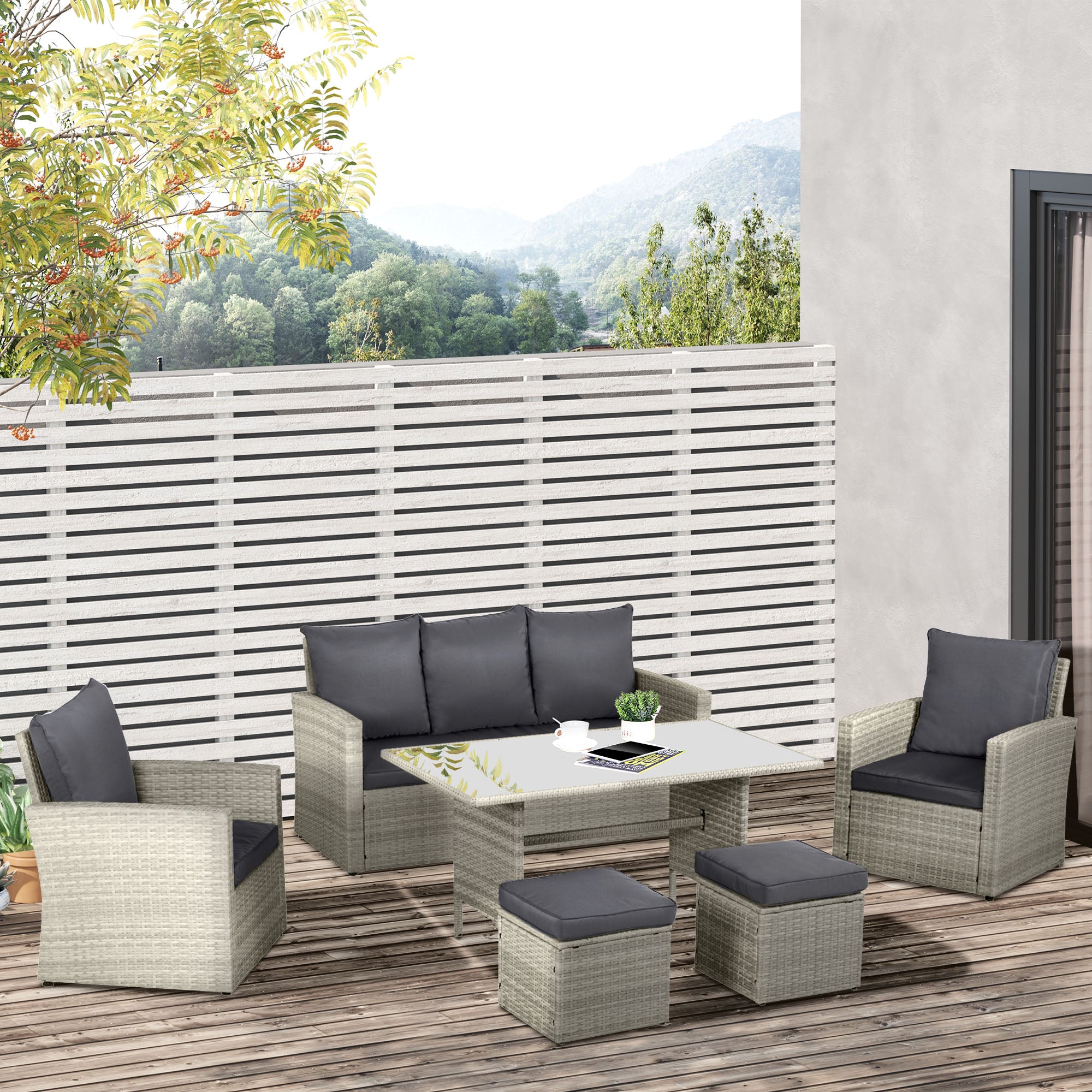 Outsunny Six-Piece Rattan Sofa Set, with Glass-Top Table - Mixed Grey 