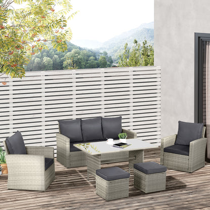 Outsunny Six-Piece Rattan Sofa Set, with Glass-Top Table - Mixed Grey 