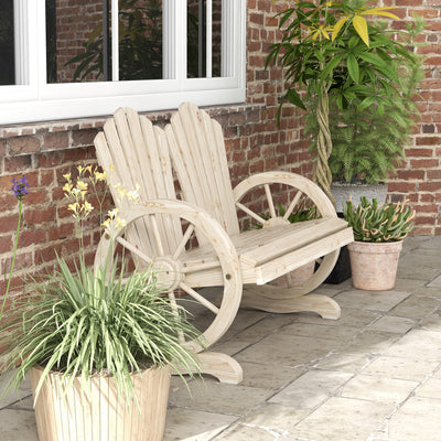 Outsunny Fir Wood Love Seats with Wheel-Shaped Armrests, Large Load-Bearing Chair, Natural Wood Finish 