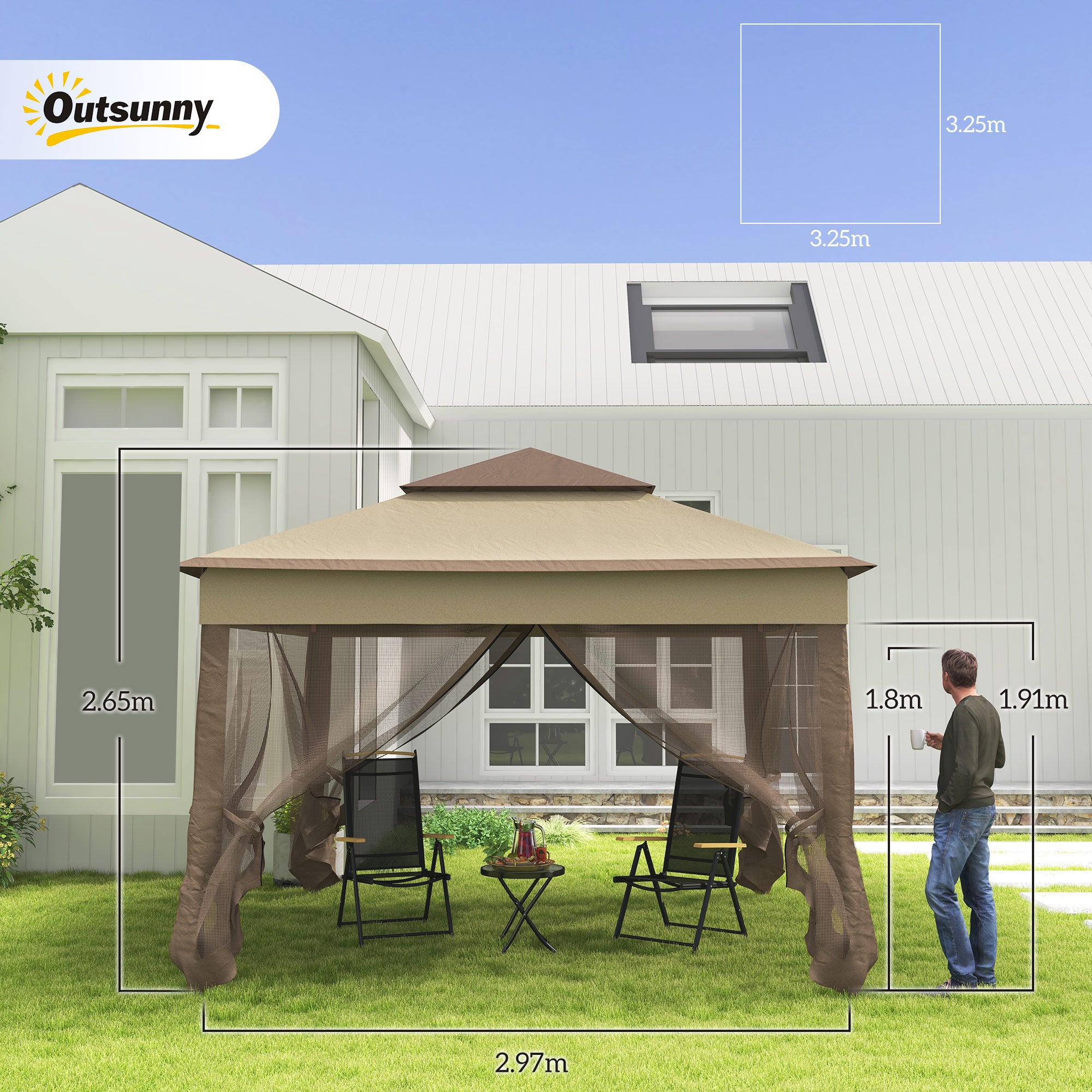 Outsunny 3 x 3(m) Pop Up Gazebo, Marquee Party Tent with Double Tier Roof, Netting and Carry Bag, Event Shelter for Outdoor Patio, Khaki 