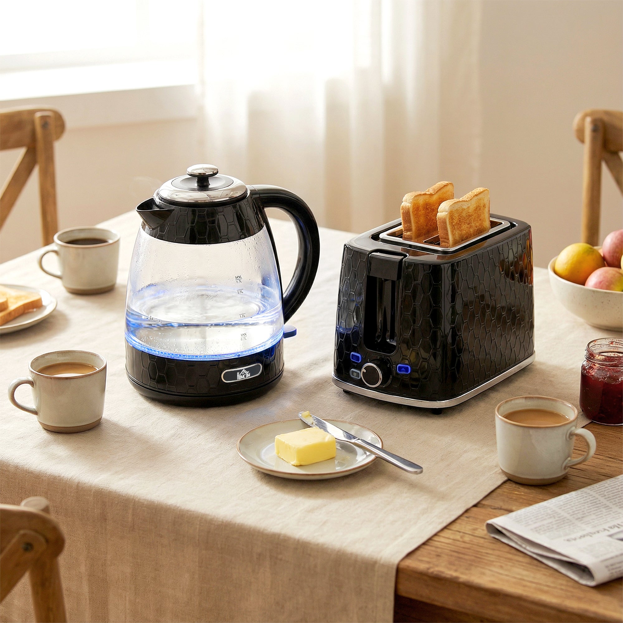 HOMCOM Kettle and Toaster Set, 1.7L 3000W Rapid Kettle with Limescale Filter, 2 Slice Toaster with 7 Browning Controls, Black 