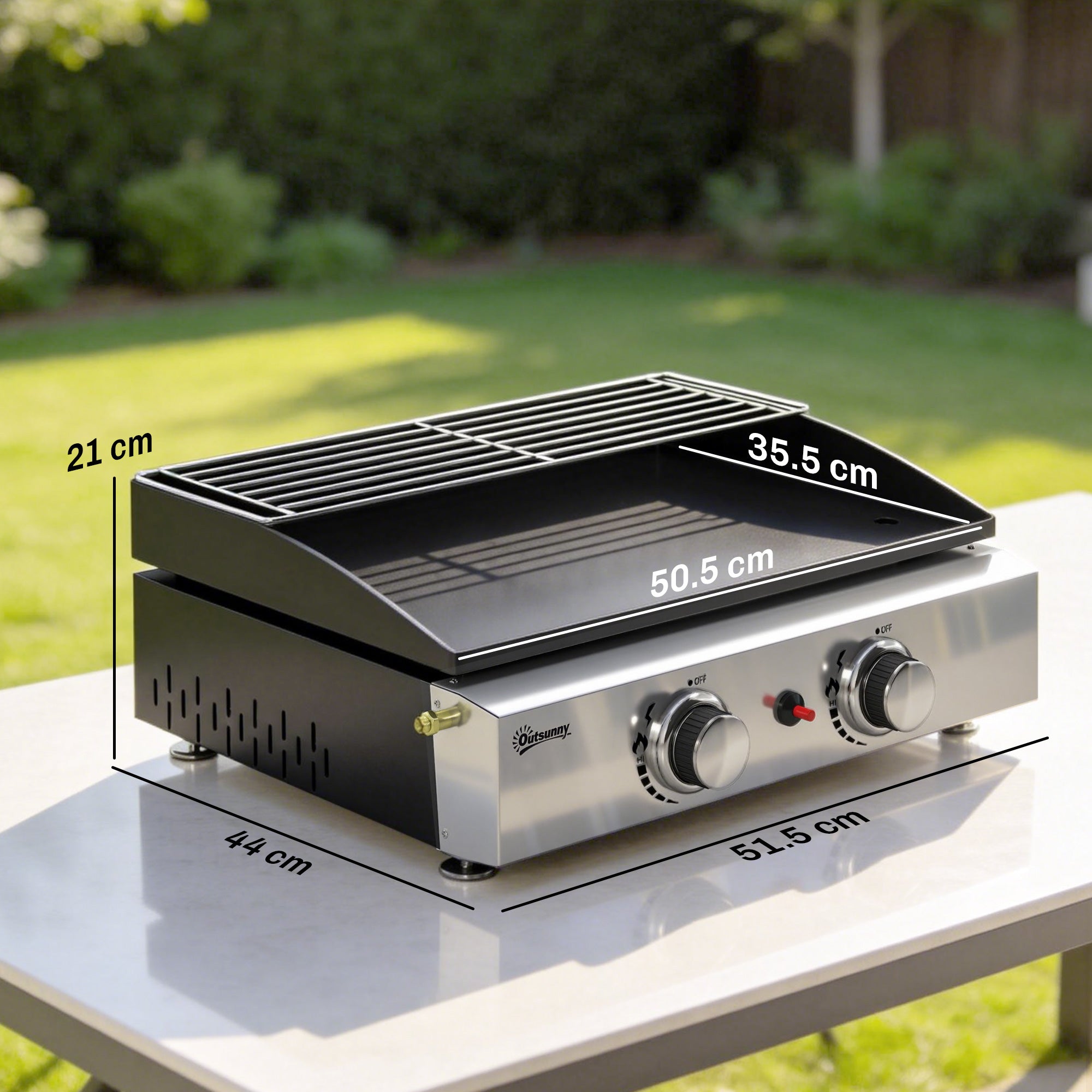 Outsunny 2 Burner Grill Griddle, Portable Gas Plancha with Warming Rack, 5 kW, Tabletop Gas BBQ with Grease Cup, Black 