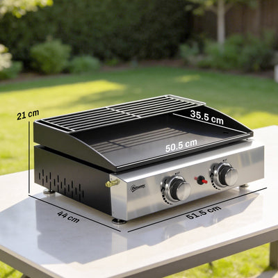 Outsunny 2 Burner Grill Griddle, Portable Gas Plancha with Warming Rack, 5 kW, Tabletop Gas BBQ with Grease Cup, Black 